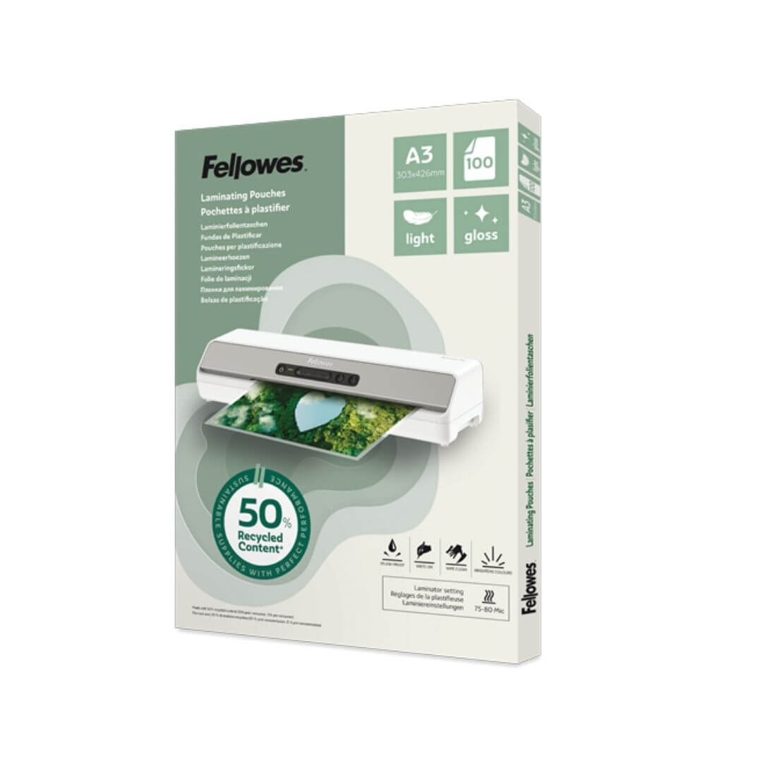 100 fundes plastificar 50% reciclat A3 Brillant