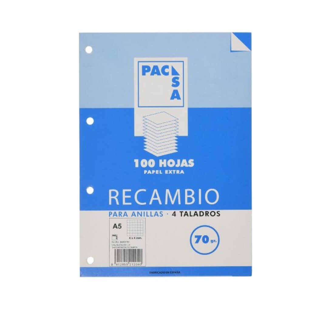 Recambio A5 4 anillas cuadricula C4 70g 100 hojas