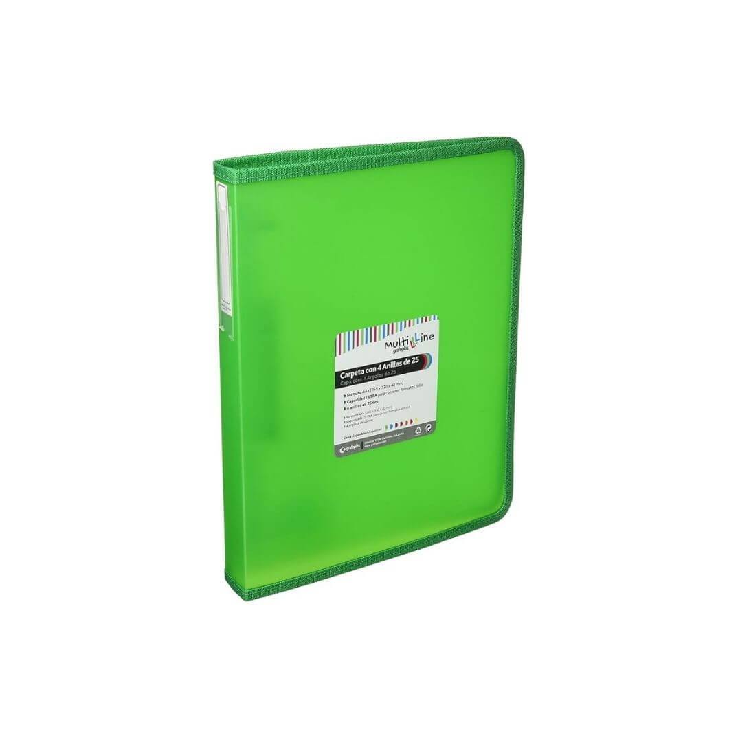 Carpeta 4 anelles 25mm PP A4+ Multiline verd