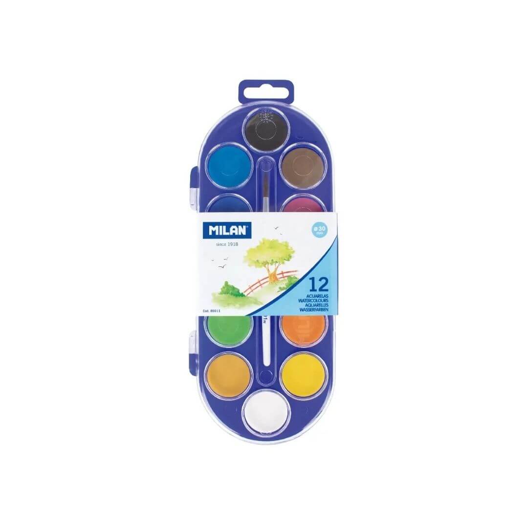 Aquarel·les 12 pastilles 30mm i pinzell Milan