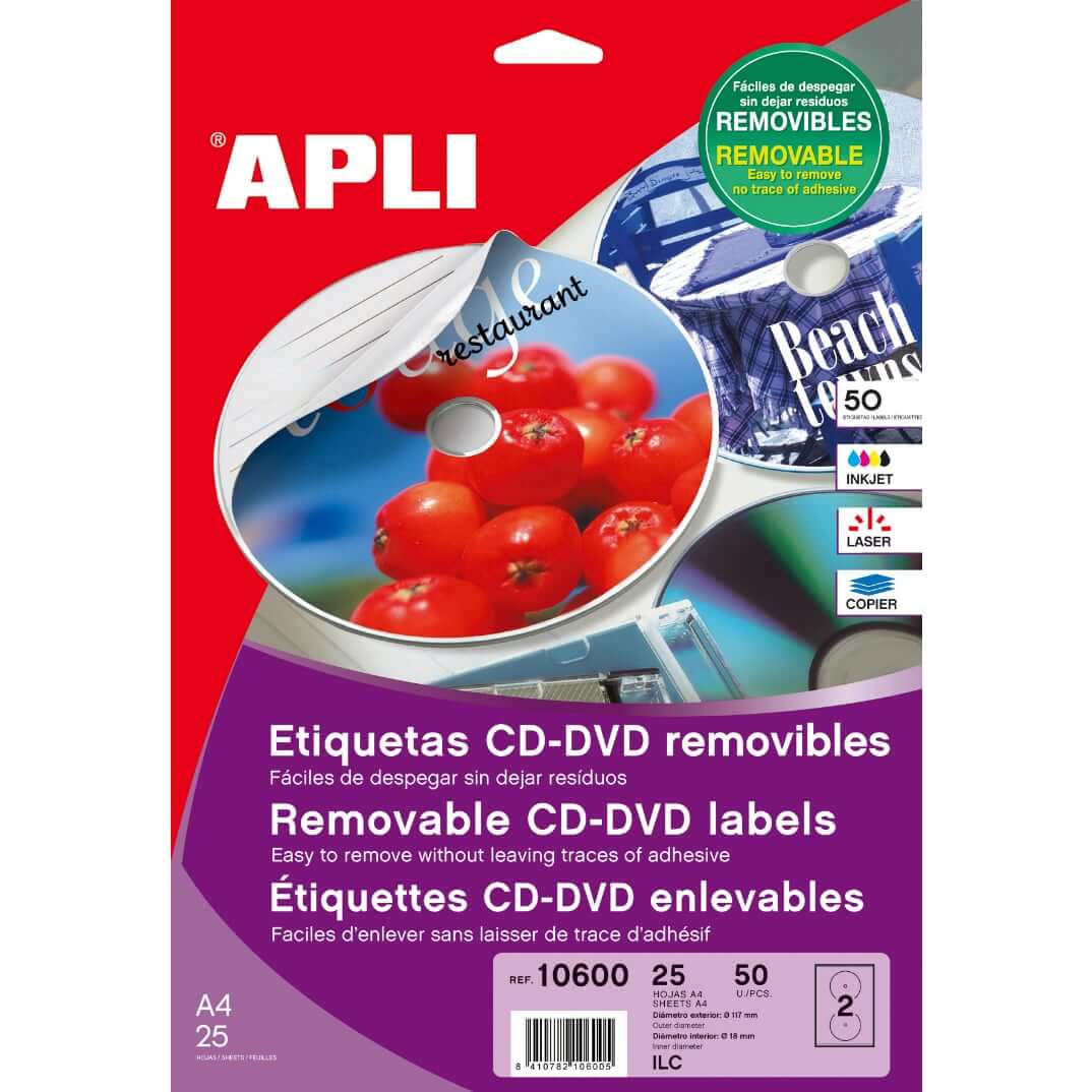 Etiquetas cd/dvd 117mm removible 25h