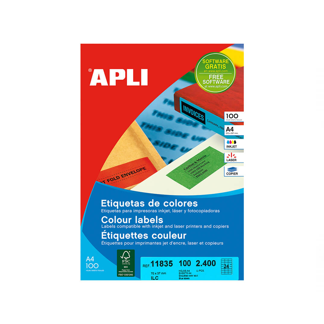 Etiquetes adhesives blaves Apli A4 70x37mm (100f)