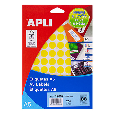 Eiquetes adhesives Apli A5 diametre 16mm groc