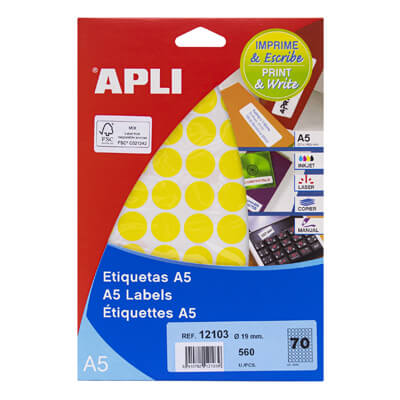 Eiquetes adhesives Apli A5 diametre 19mm groc