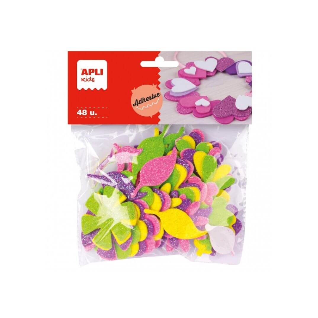 Formes goma EVA adhesivas flor purpurina 48 u