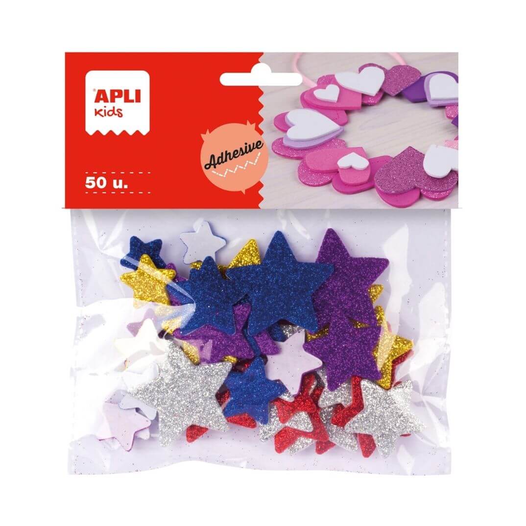Formas goma EVA adhesivas estrellas purpurina 50u