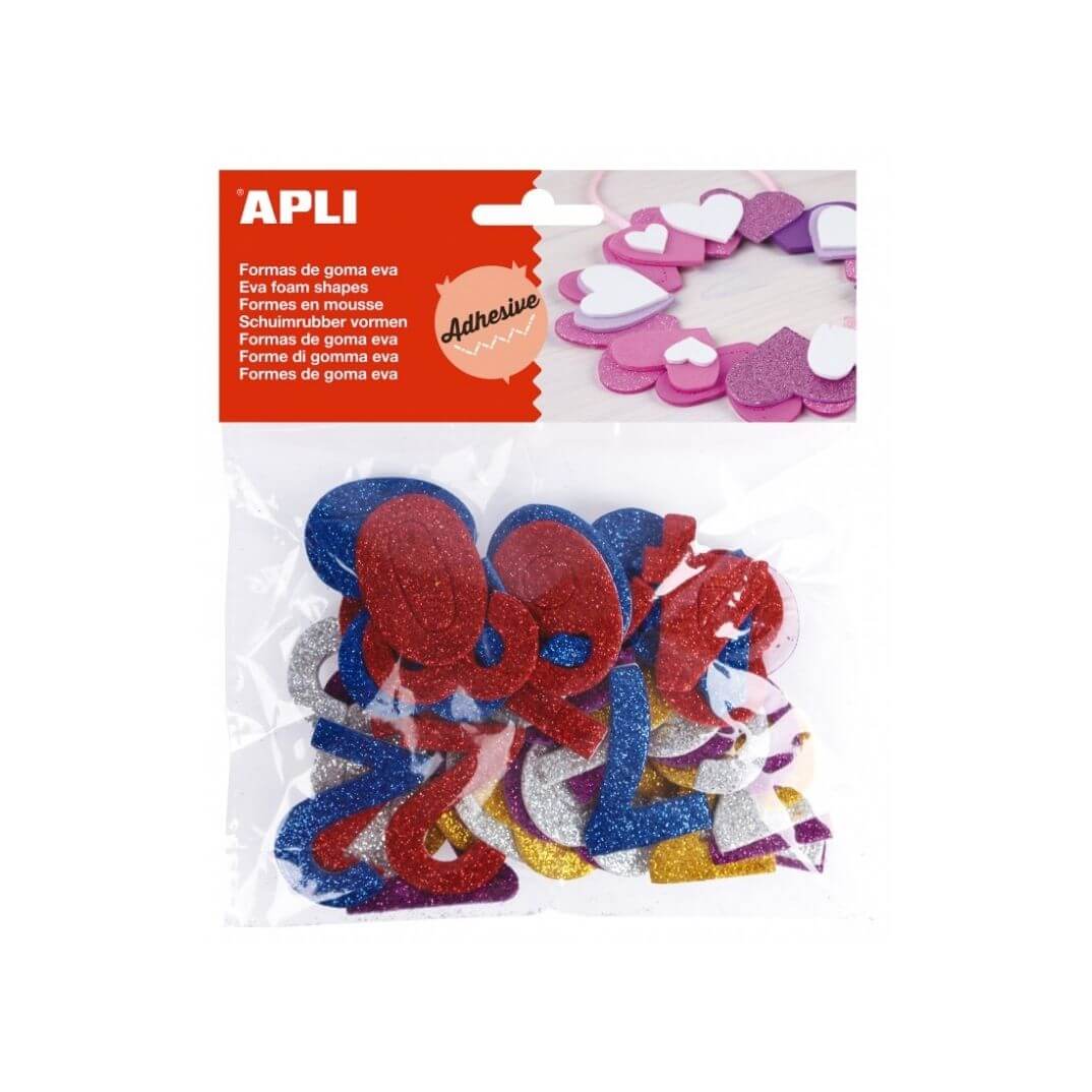Formes goma EVA adhesives números purpurina 50u