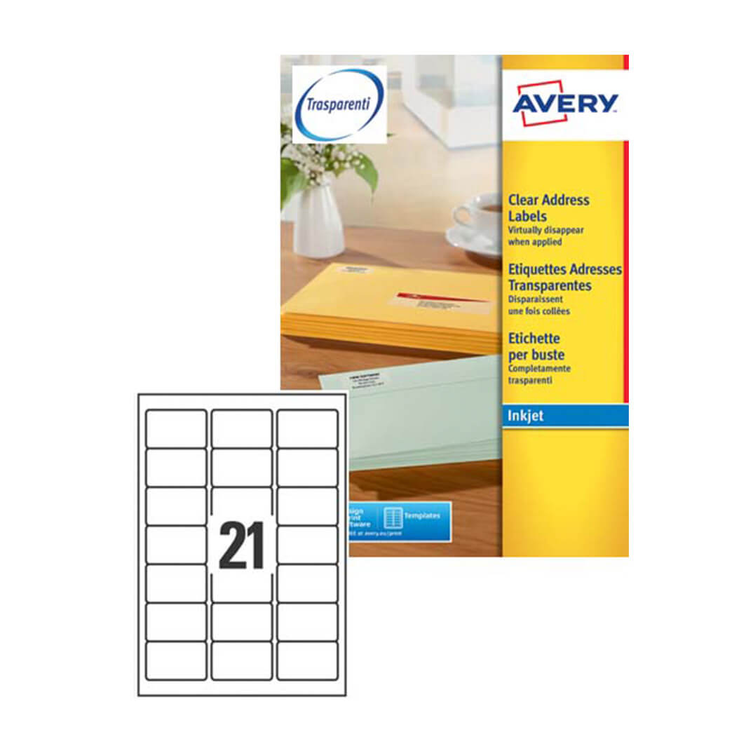 Etiquetas Avery A4 ink-jet 63,5x38,1 transparentes