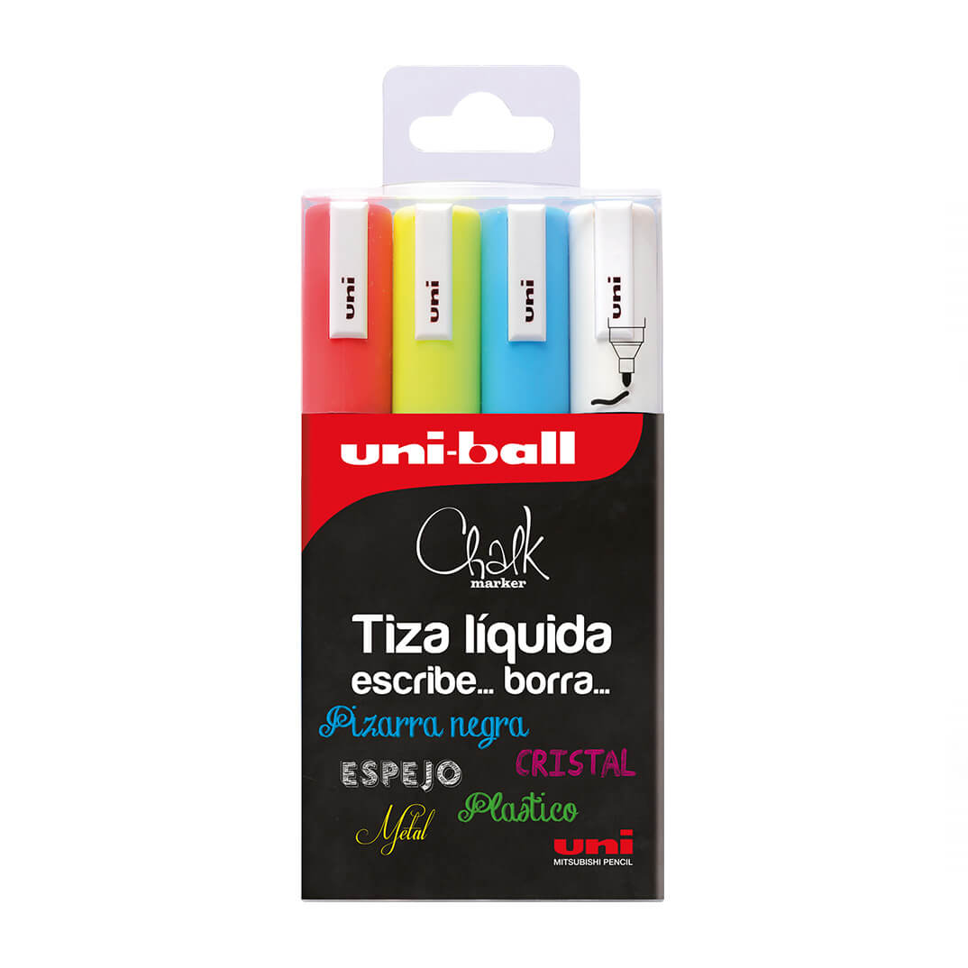 Estuche 4 marcadores tiza líquida Uni Chalk 1,8mm